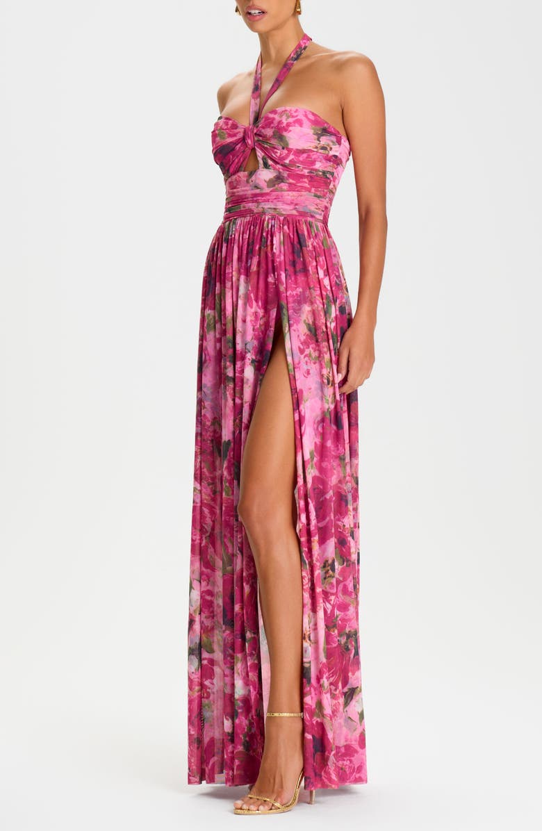 NADINE MERABI Floral Print Ruched Halter Gown, Alternate, color, Pink
