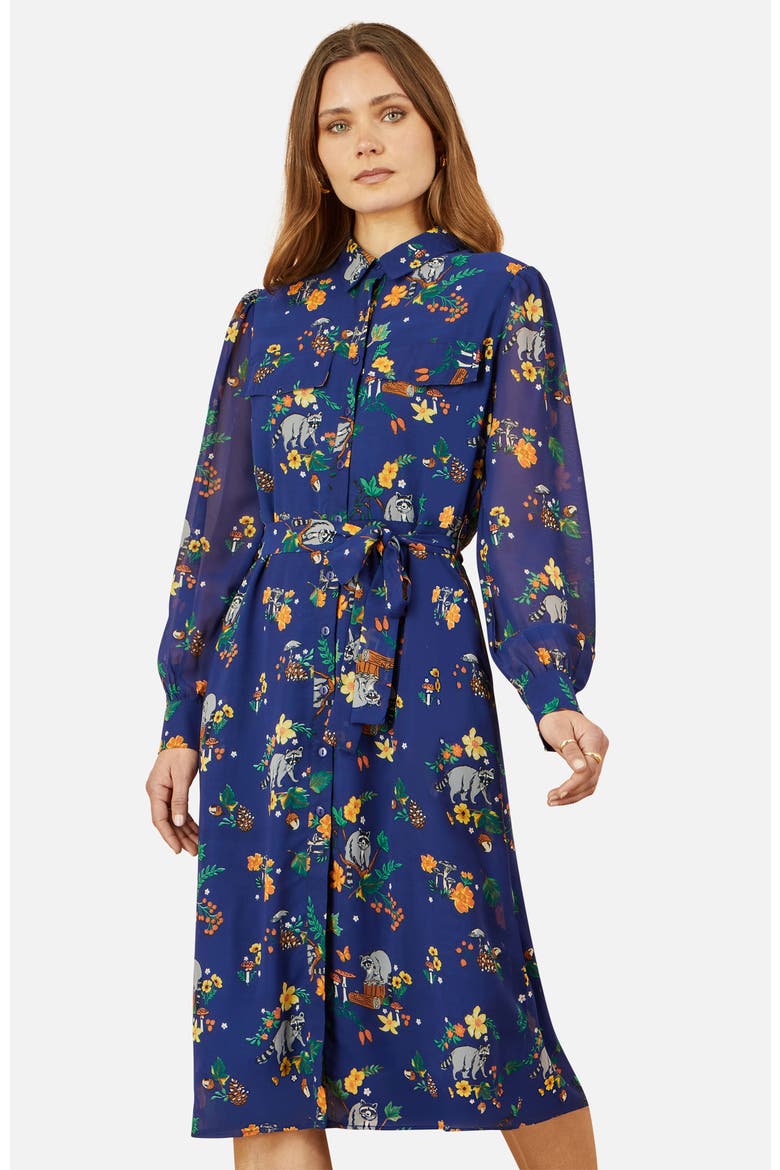 Raccoon Print Shirt Midi Dress, Alternate, color, Navy