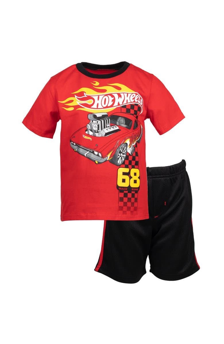 Hot Wheels Silver Foil 2-Piece Short Sleeve Graphic Tee and Shorts Outfit, Main, color, Hot Wheels Red