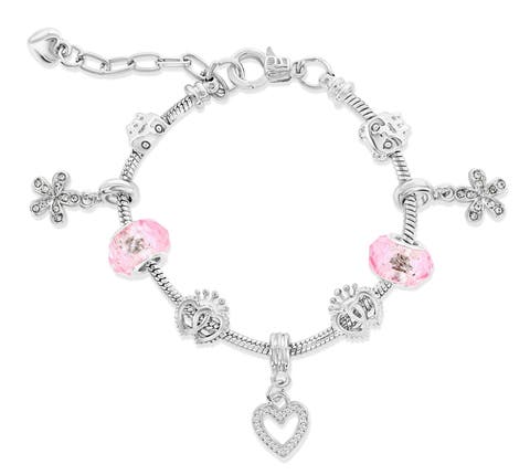 Pink Crystals And Heart Charm Bracelet