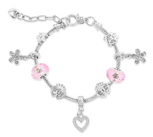 Donatello Gian Pink Crystals And Heart Charm Bracelet In Silver