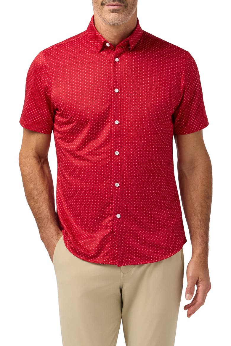 Halyard Trim Fit Red Hot Dot Short Sleeve Performance Button-Up Shirt, Main, color, RED HOT DOT