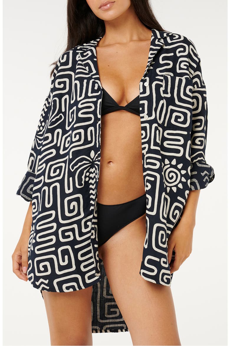 Sunset Luau Print Button-Up Oversize Blouse, Main, color, BLACK/ OFF WHITE