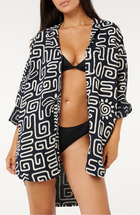 Sunset Luau Print Button-Up Oversize Blouse