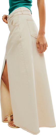 Come as You Are Frayed Hem Denim Maxi Skirt