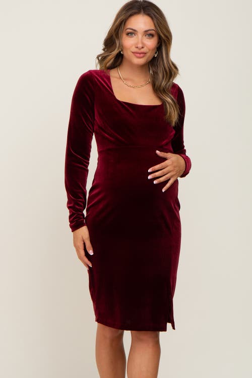 Pinkblush Velvet Long Sleeve Side Slit Dress In Burgundy
