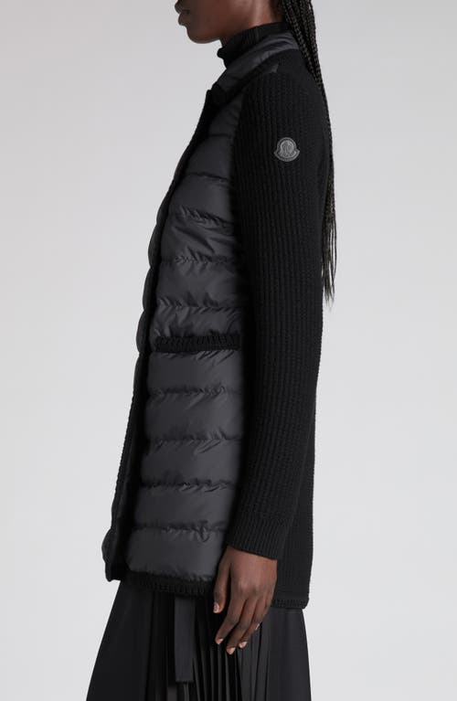 Moncler Double Breasted Knit & Quilted Down Longline Cardigan In Black