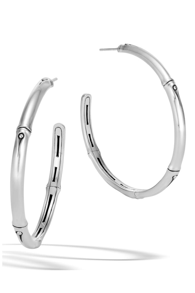 Bamboo Collection Large Sterling Silver Hoop Earrings, Main, color, SILVER