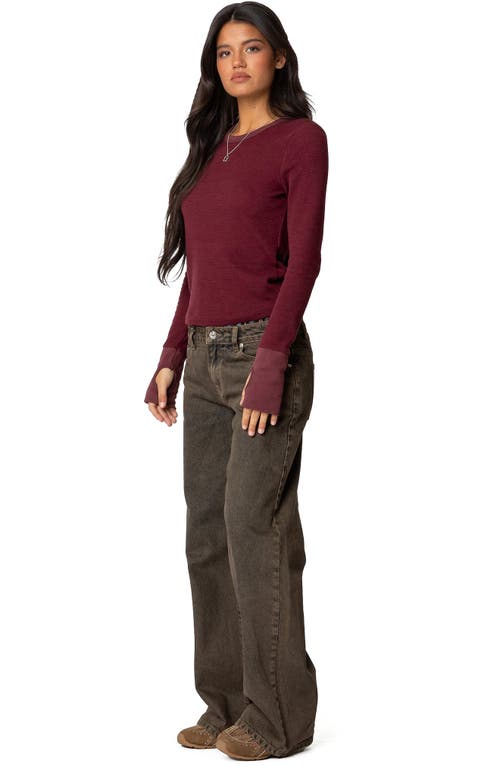 Edikted Waffle Long Sleeve T-shirt In Burgundy