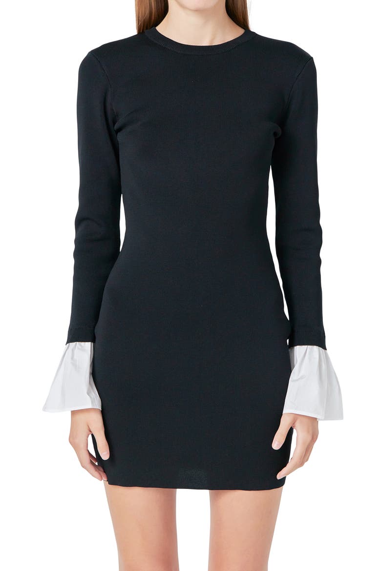 Contrast Cuff Long Sleeve Mini Sweater Dress, Alternate, color, BLACK