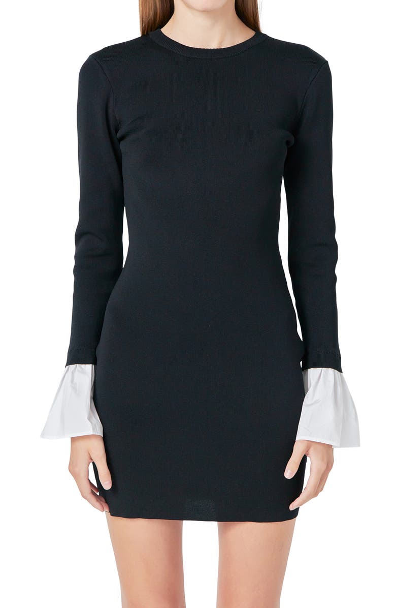 Endless Rose Contrast Cuff Long Sleeve Mini Sweater Dress, Alternate, color, Black