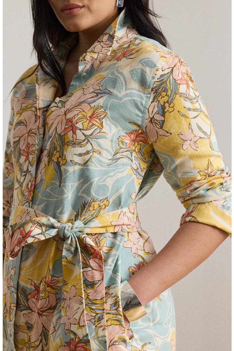 Floral Print Long Sleeve Linen Midi Shirtdress, Alternate, color, CREAM MULTI