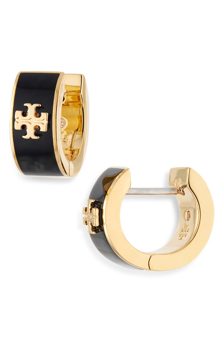 Tory Burch Icon Huggie Earrings, Main, color, Tory Gold / Black
