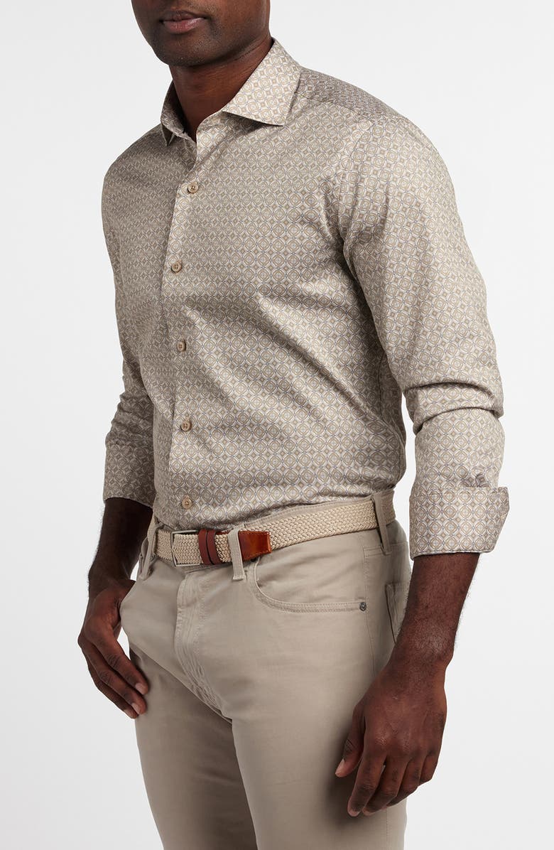 David Donahue Geometric Print Cotton Sport Shirt, Alternate, color, Dune