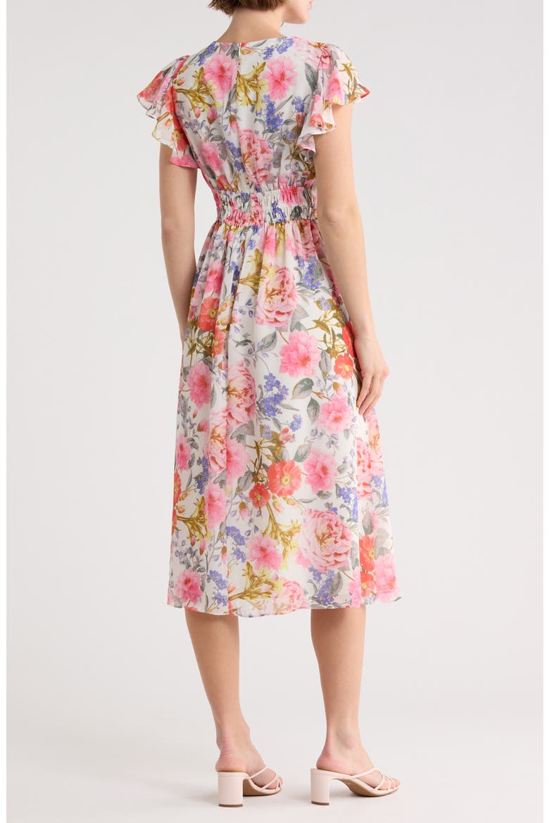 Floral Flutter Sleeve Chiffon Midi Dress, Alternate, color, IVORY MULT