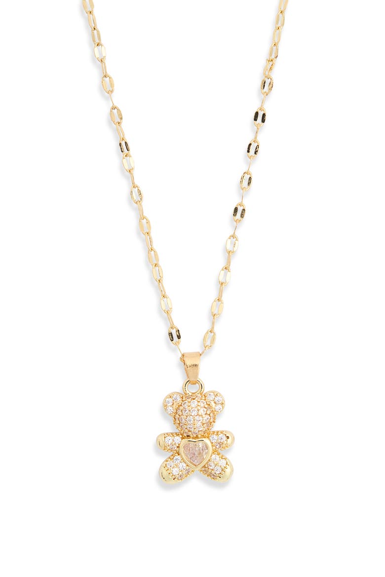Pavé Cubic Zirconia Teddy Bear Pendant Necklace, Alternate, color, CLEAR- GOLD