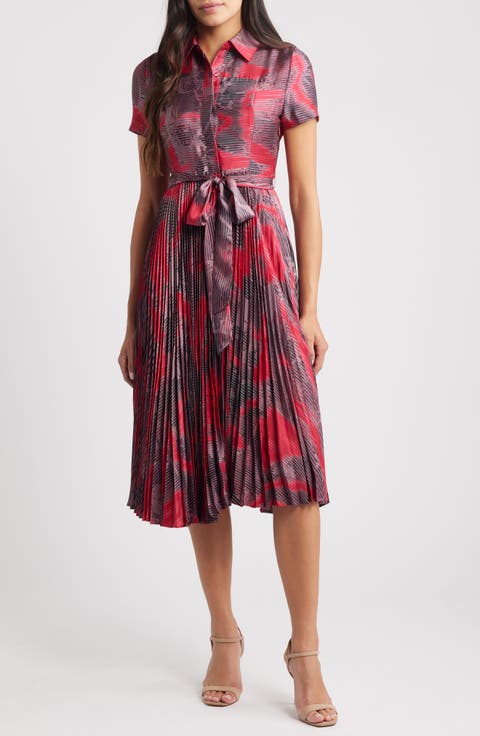 Print Tie Waist Pleated Shirtdress