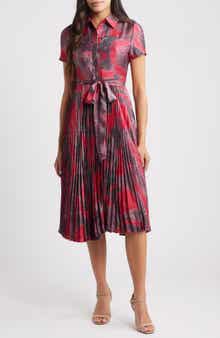 Tahari ASL Print Tie Waist Pleated Shirtdress