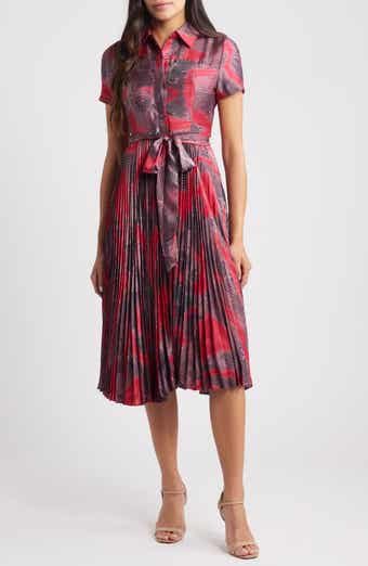 Tahari ASL Print Tie Waist Pleated Shirtdress