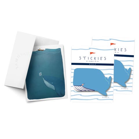 Whale Stickies 3" x 3" 50-Sheet Sticky Notes (2-Pack) & Love Note Whale Greeting Card Combo
