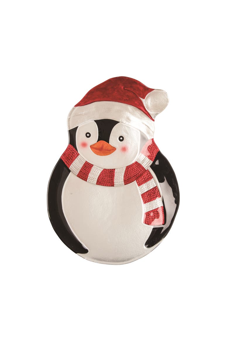 Multicolor Christmas Penguin Fused Glass Platter Festive Serving Tray, Main, color, Multicolored