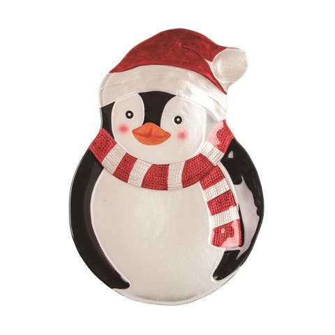 Multicolor Christmas Penguin Fused Glass Platter Festive Serving Tray