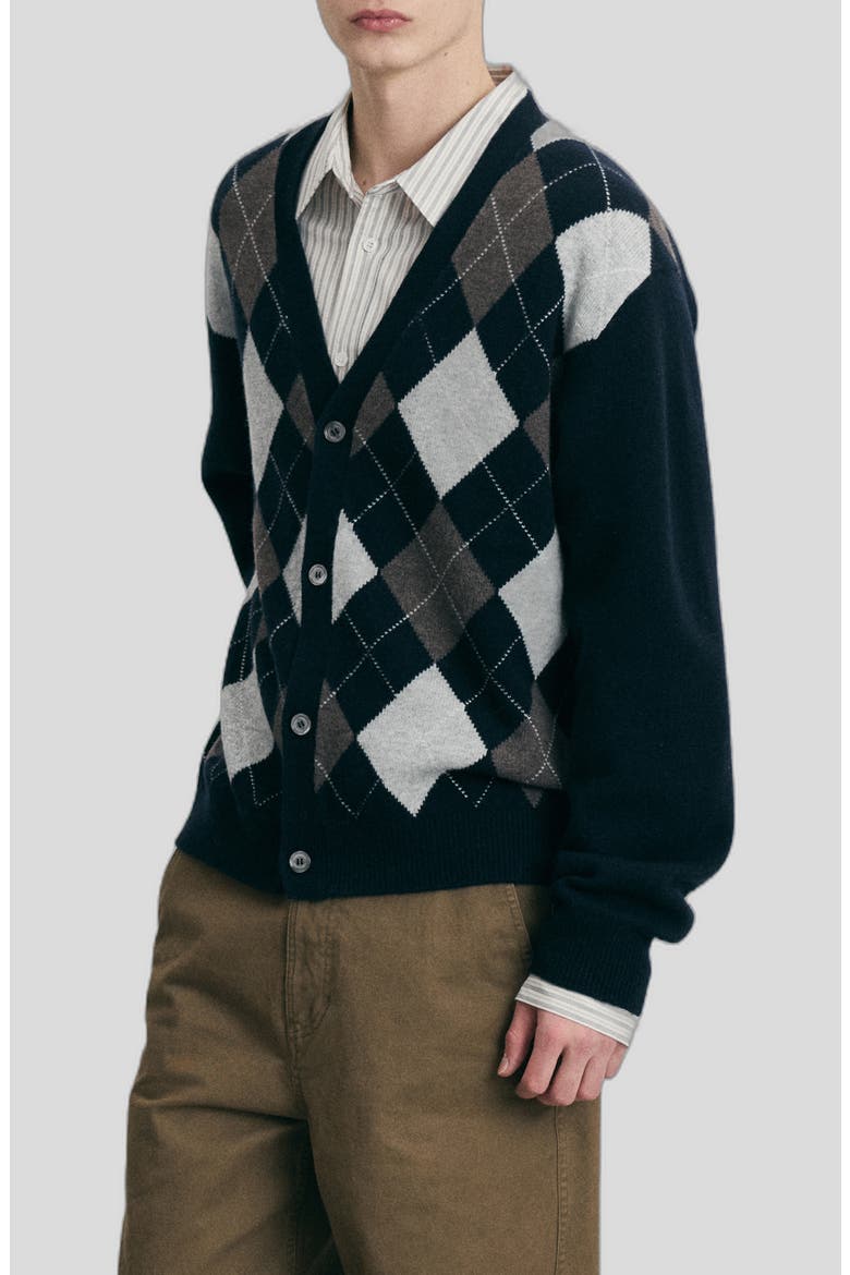 Gender Inclusive Argyle V-Neck Cardigan, Alternate, color, NAVY