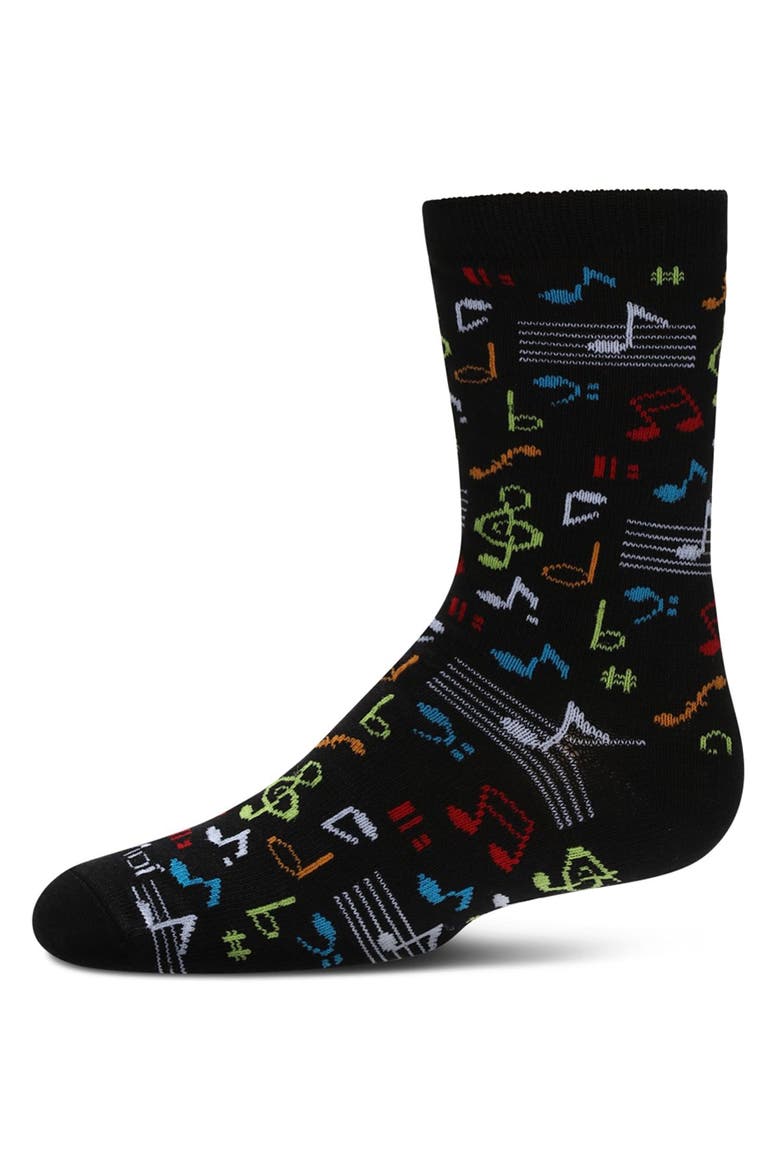Kids' Musical Notes Crew Socks, Main, color, Black