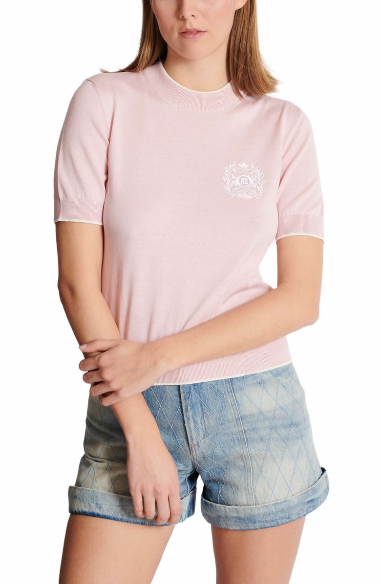 Balmain Emblème-Embroidered Knit Top, Alternate, color, Pink