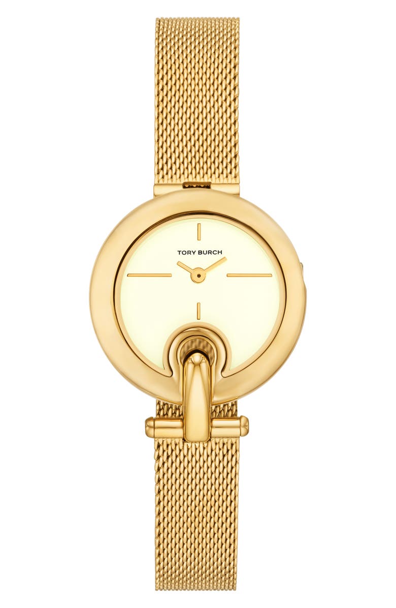 Tory Burch The Small Pierced Mesh Strap Watch, 30mm, Main, color, Gold