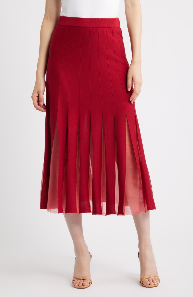 Misook Sheer Panel A-Line Midi Skirt, Main, color, Scarlet Red