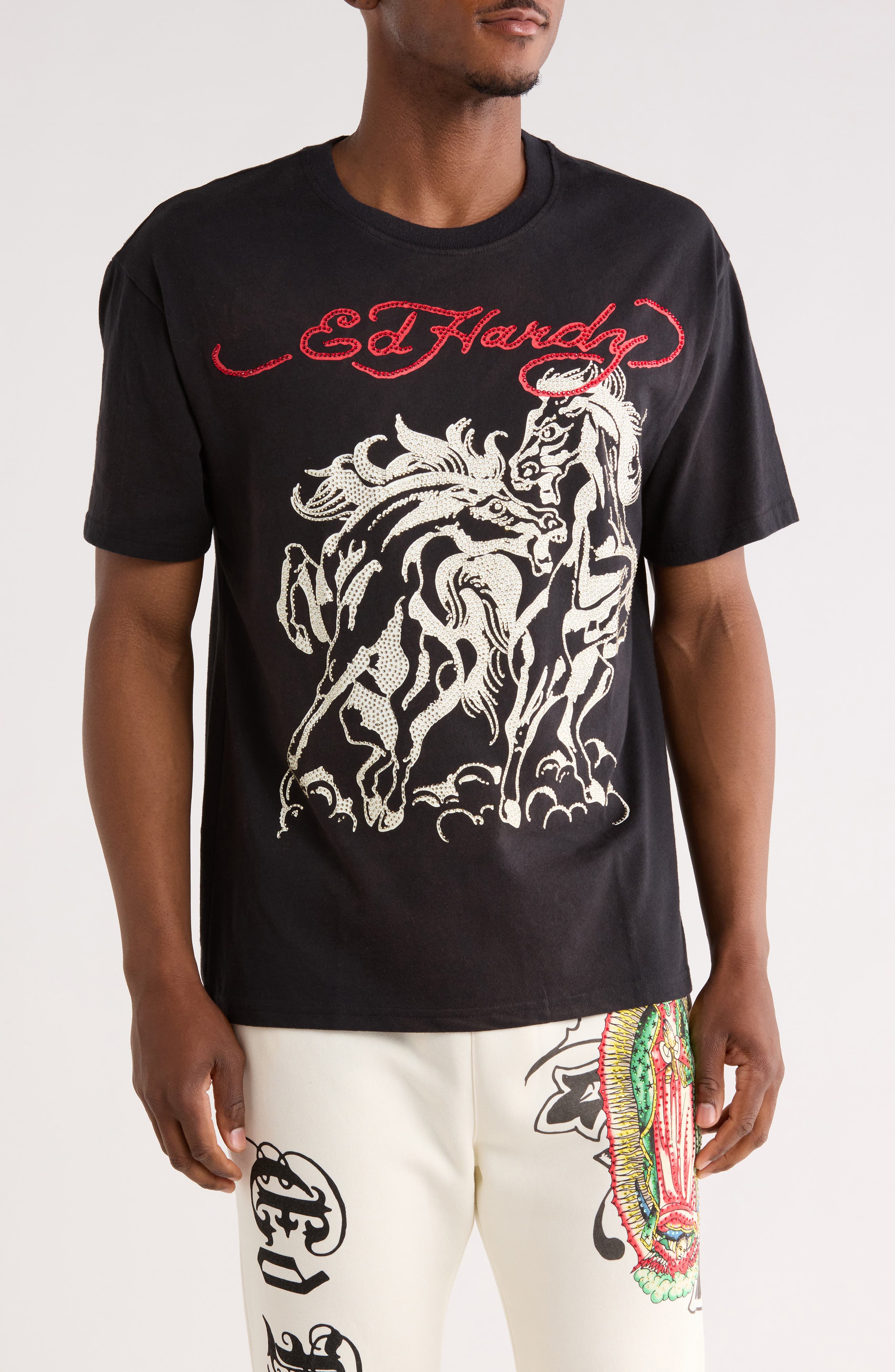 Ed Hardy Rhinestone Horses Boxy Graphic T-Shirt
