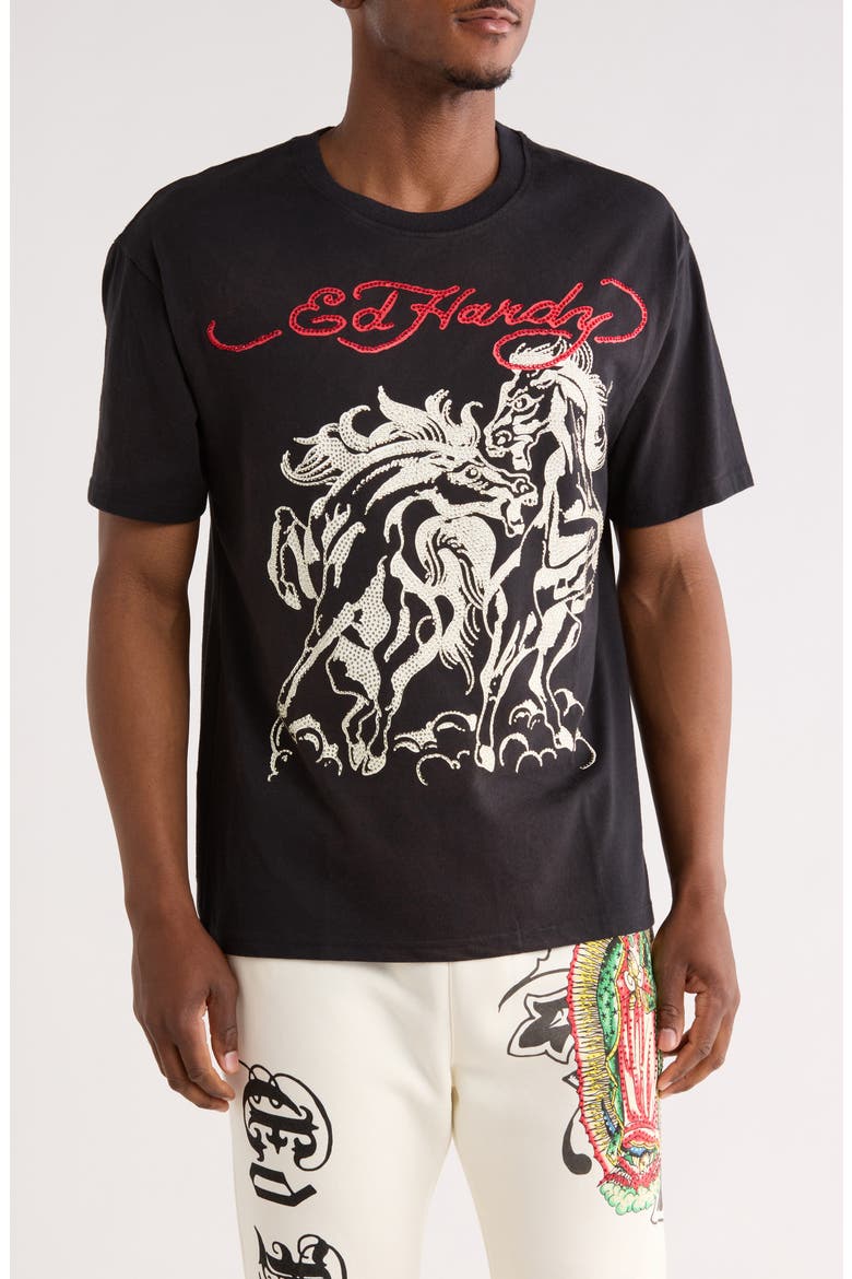 Rhinestone Horses Boxy Graphic T-Shirt, Main, color, VINTAGE BLACK