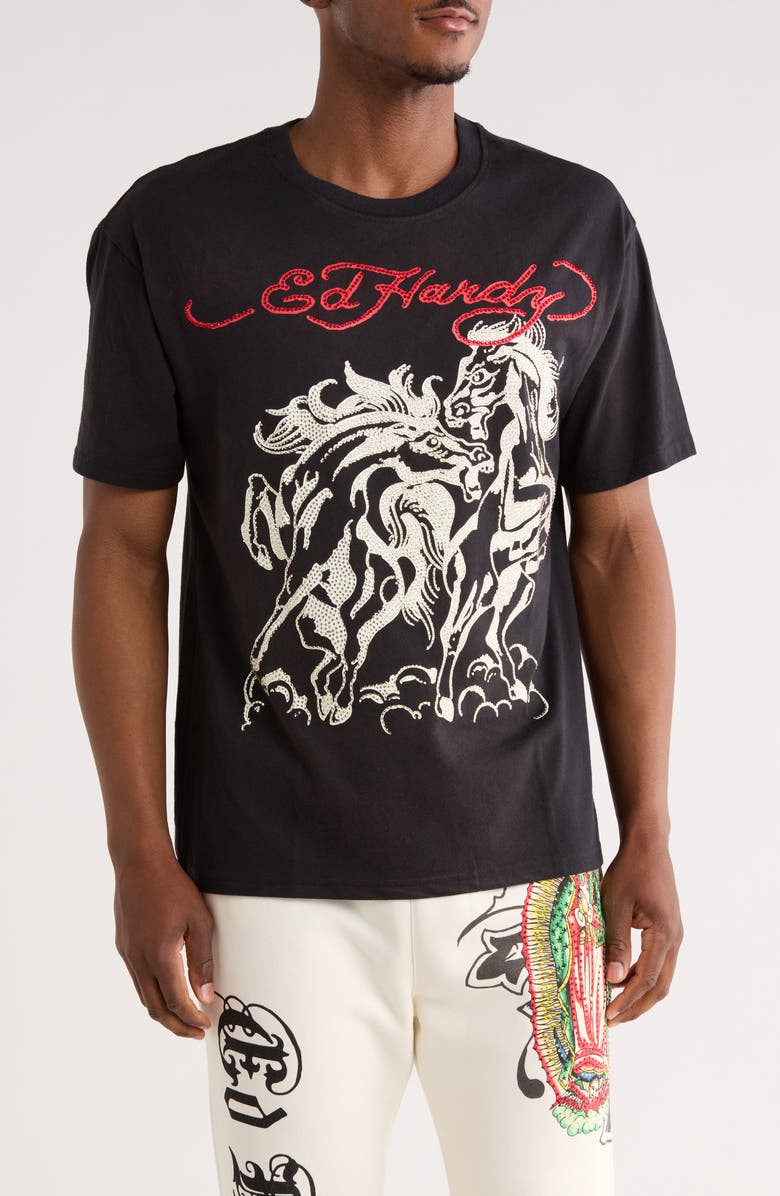 Ed Hardy Rhinestone Horses Boxy Graphic T-Shirt, Main, color, Vintage Black