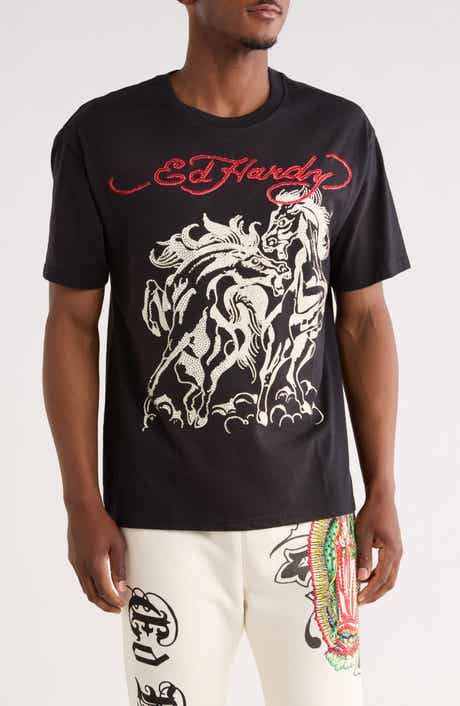Ed Hardy Rhinestone Horses Boxy Graphic T-Shirt