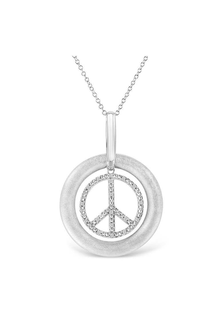 Matte Finish Silver Diamond Accent Dancing Peace Sign Pendant Necklace, Main, color, White