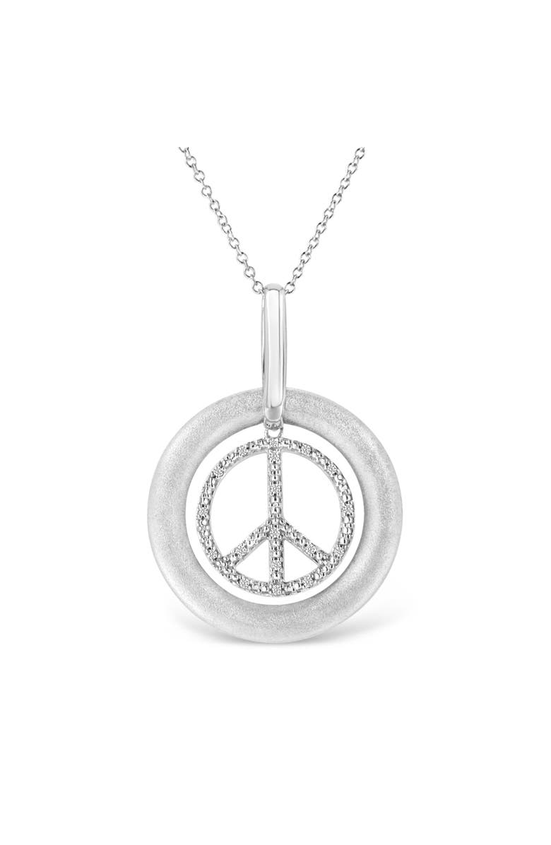 Haus of Brilliance Matte Finish Silver Diamond Accent Dancing Peace Sign Pendant Necklace, Main, color, White