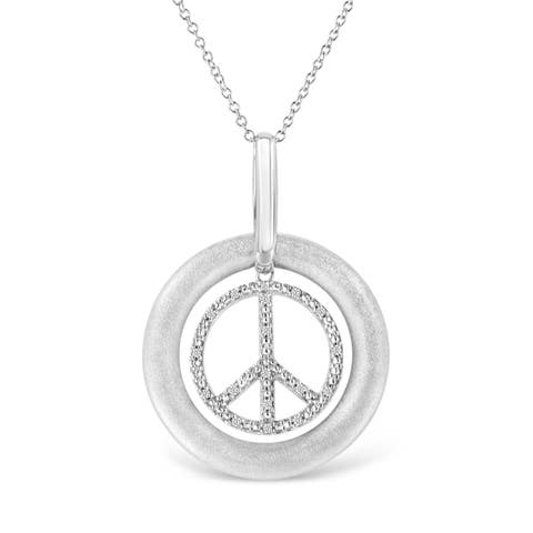 Matte Finish Silver Diamond Accent Dancing Peace Sign Pendant Necklace