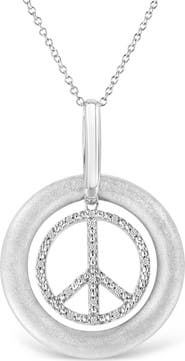 Haus of Brilliance Matte Finish Silver Diamond Accent Dancing Peace Sign Pendant Necklace