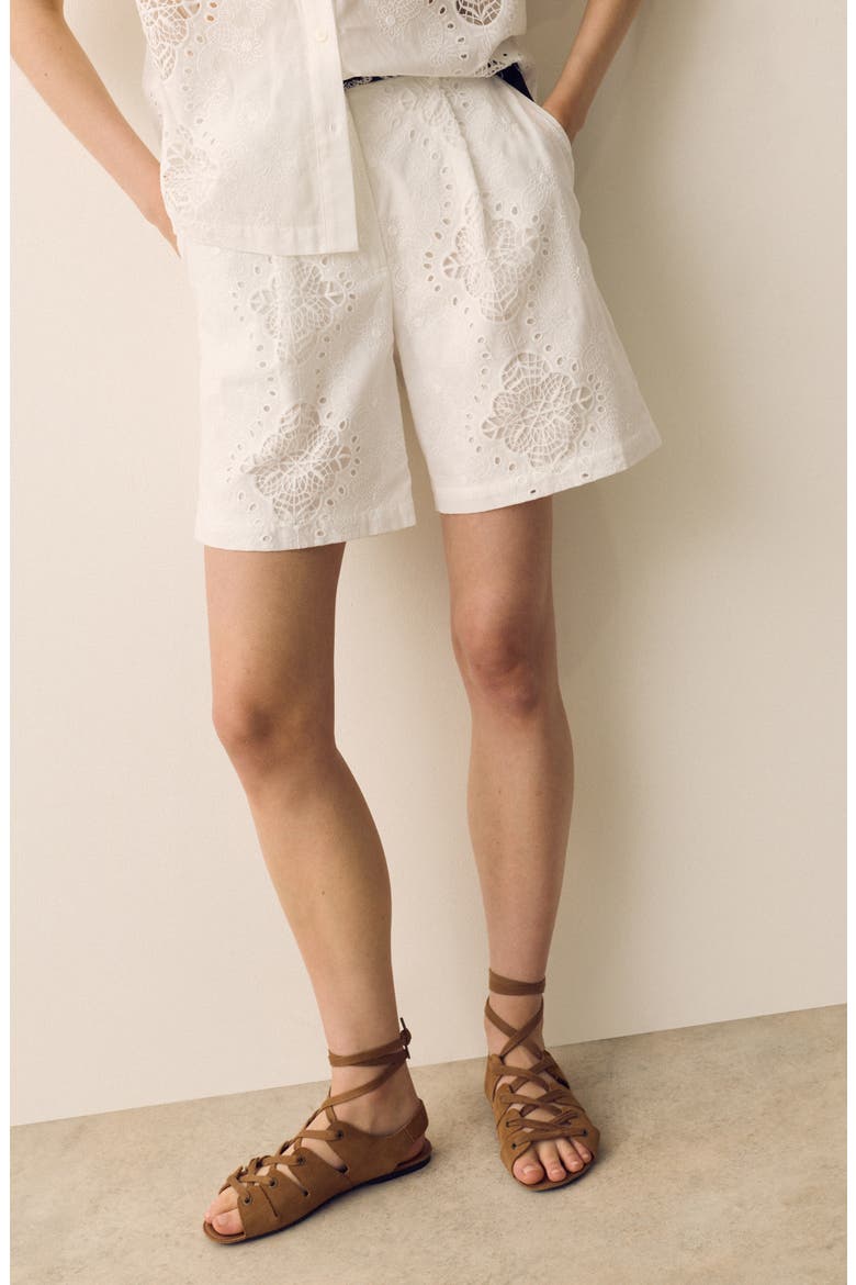 Floral Embroidered Cutwork Cotton Shorts, Alternate, color, SOFT WHITE
