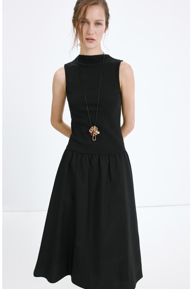 Mixed Media Stretch Cotton Midi Dress, Alternate, color, BLACK