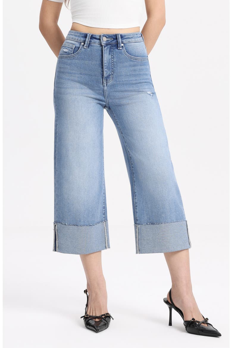 Cuffed Raw Hem High Waist Crop High Waist Wide Leg Jeans, Main, color, LIGHT BLUE