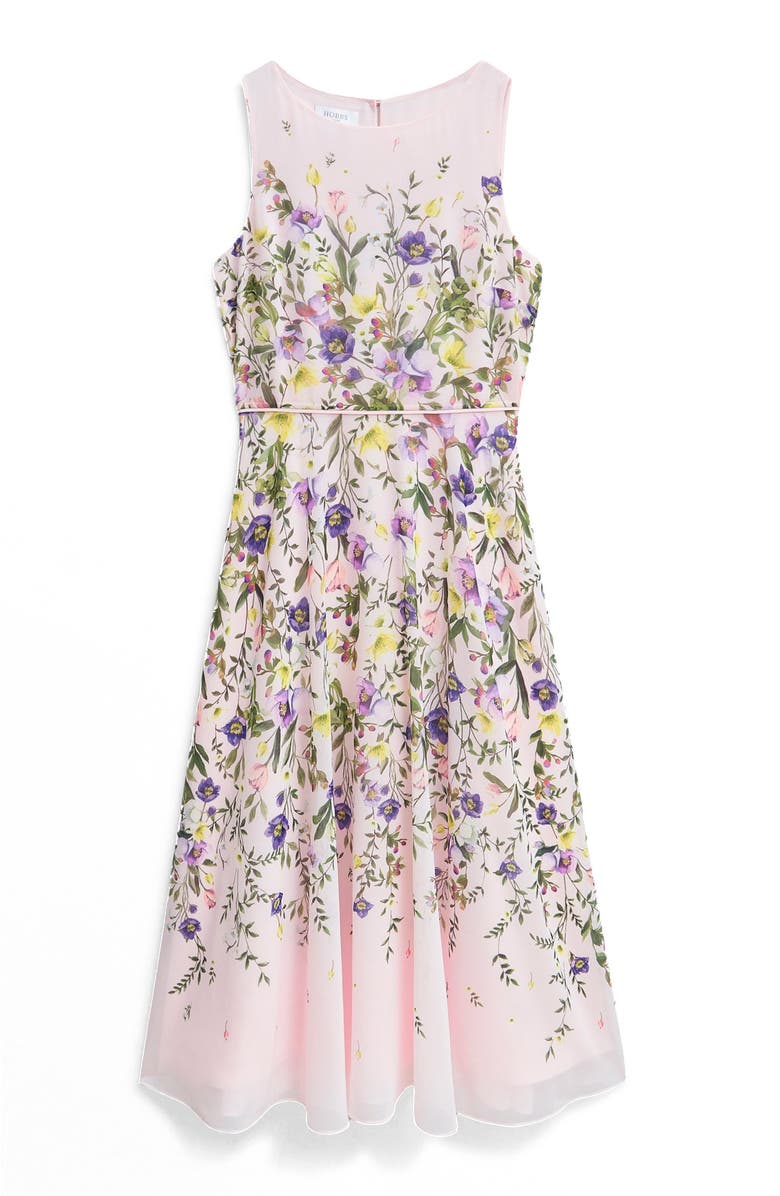 HOBBS LONDON Carly Fit Flare Midi Dress, Alternate, color, Pale Pink Multi