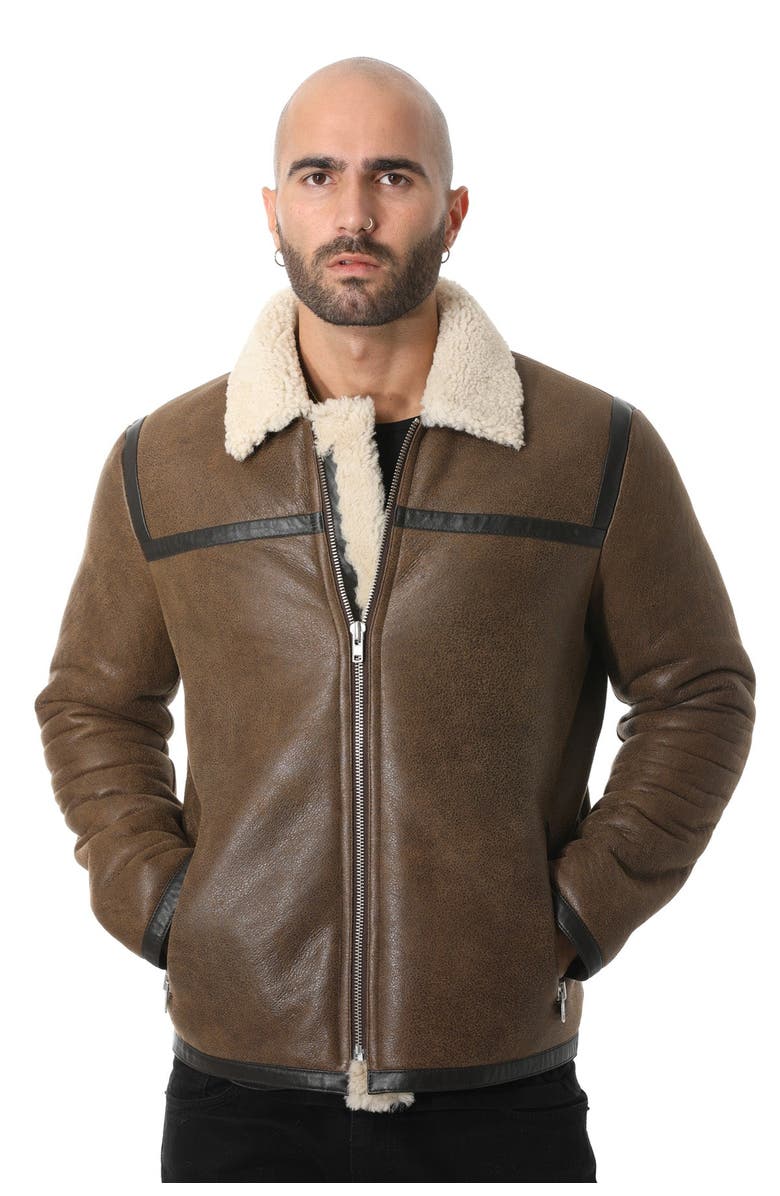 Furniq UK Hugh Leather Shearling Jacket, Main, color, Camel Brown