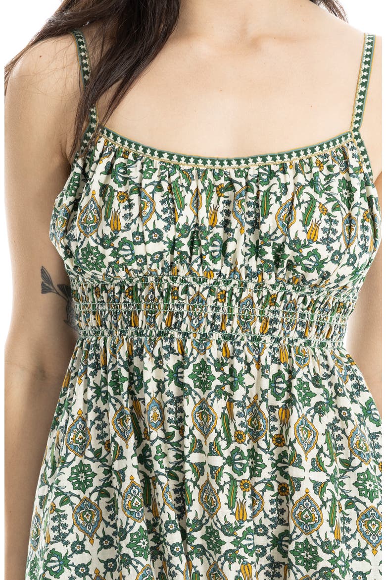 Smocked Empire Waist Maxi Dress, Alternate, color, ECRU/ GREEN/ GOLD TURKISH