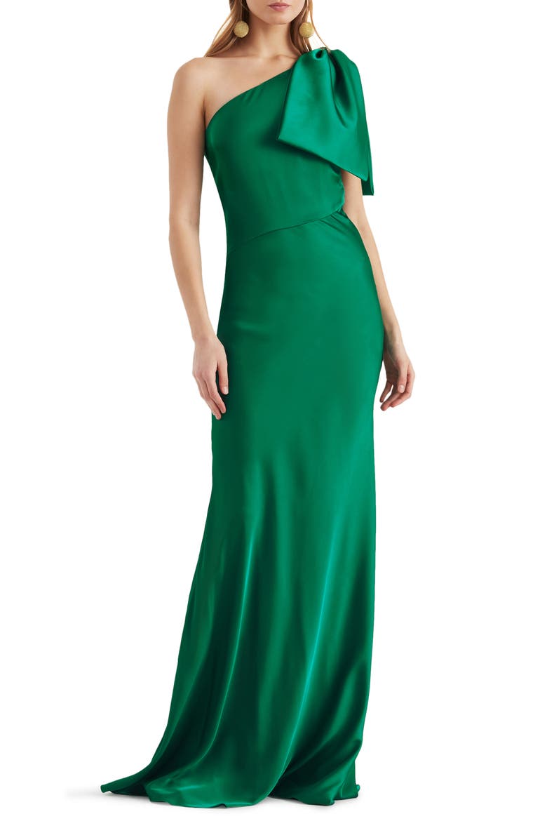 Aubrey One-Shoulder Satin Charmeuse Gown, Main, color, EMERALD