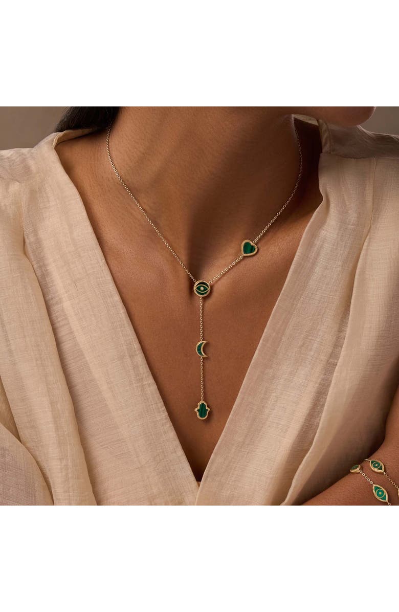 Karma and Luck Women's Malachite Multi Symbol Gold Plated Lariat Necklace - Enlightened Soul, Alternate, color, Gold/Green