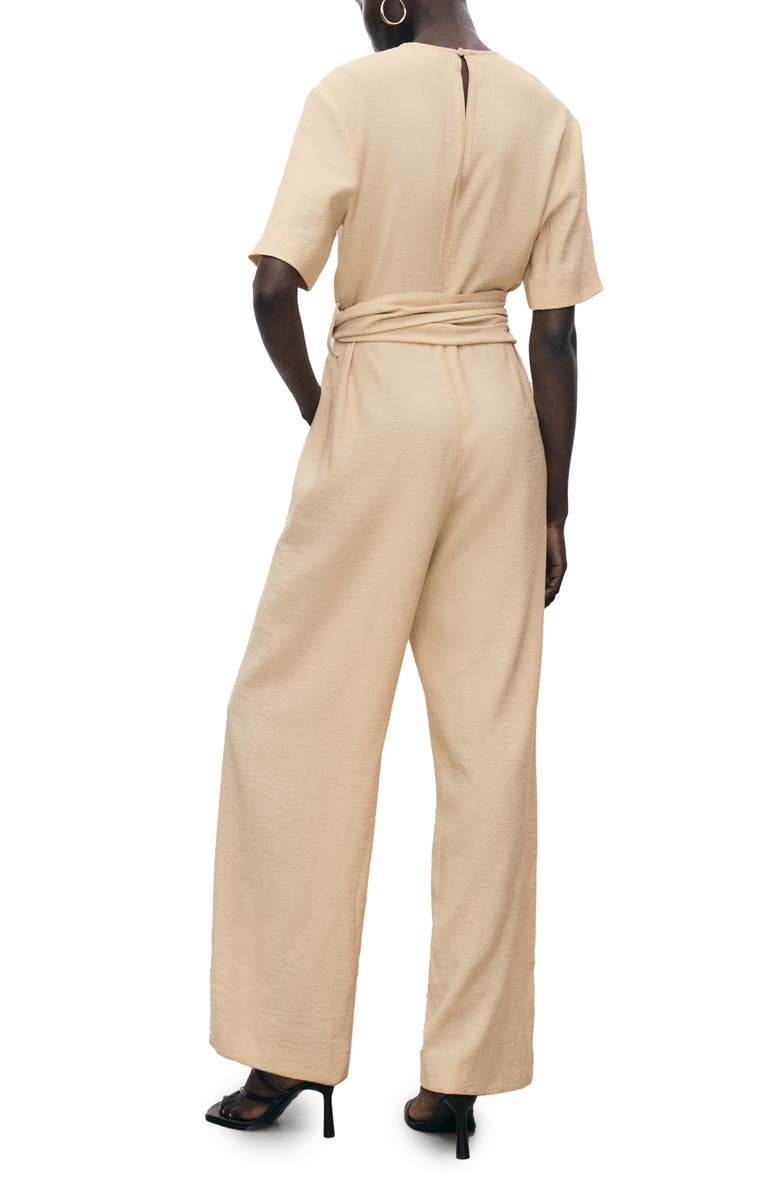 MANGO Belted Wide Leg Jumpsuit, Main, color, Ecru