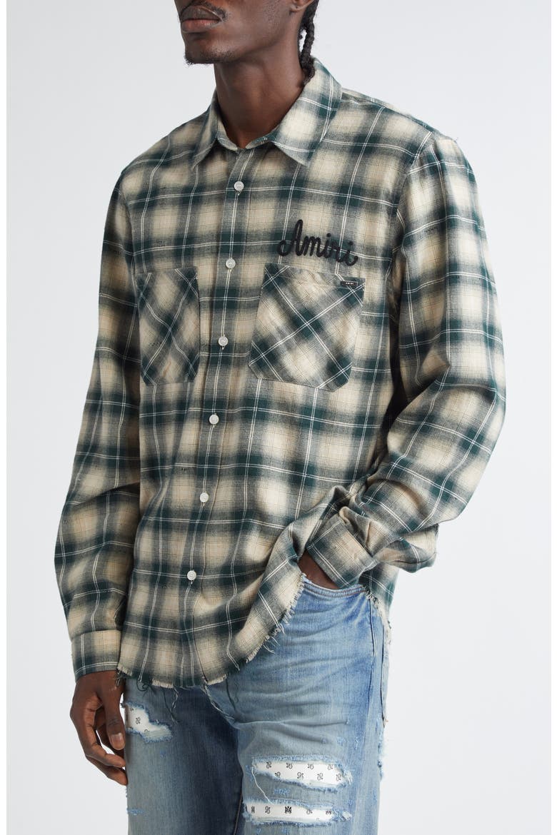 Shotgun Distressed Plaid Flannel Button-Up Shirt, Alternate, color, EVERGREEN