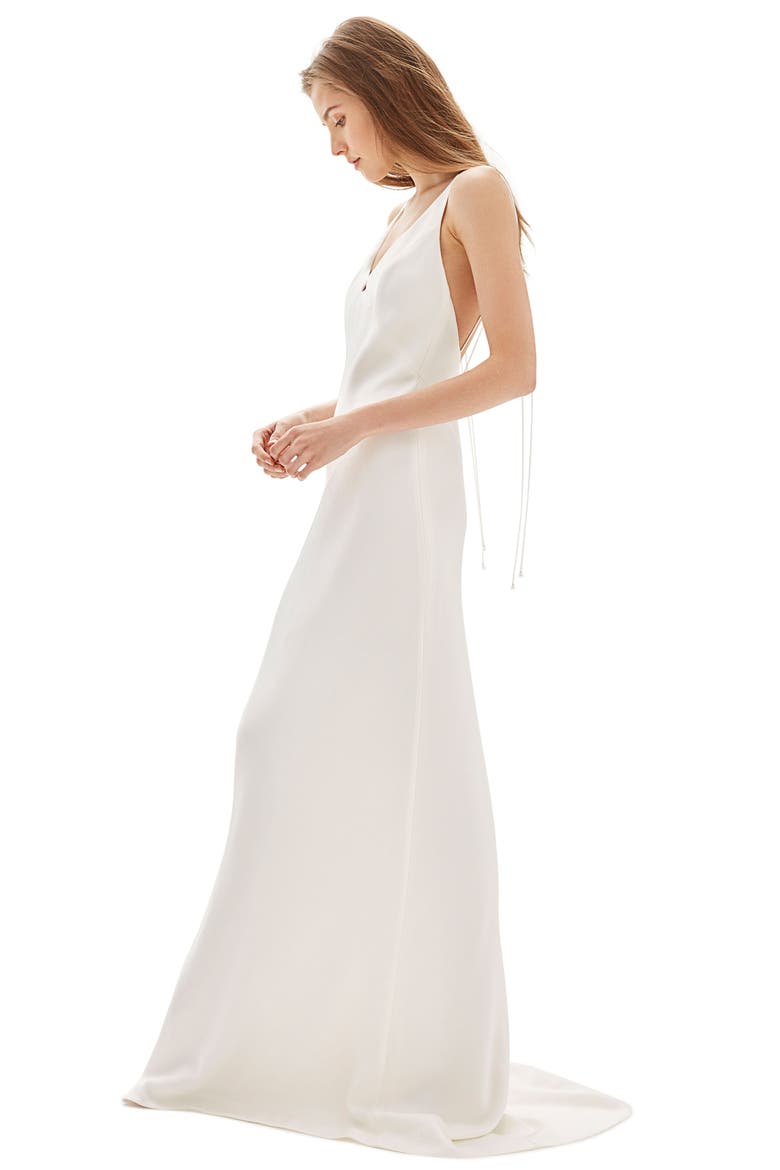 Bride V-Neck Satin Sheath Gown, Alternate, color, IVORY